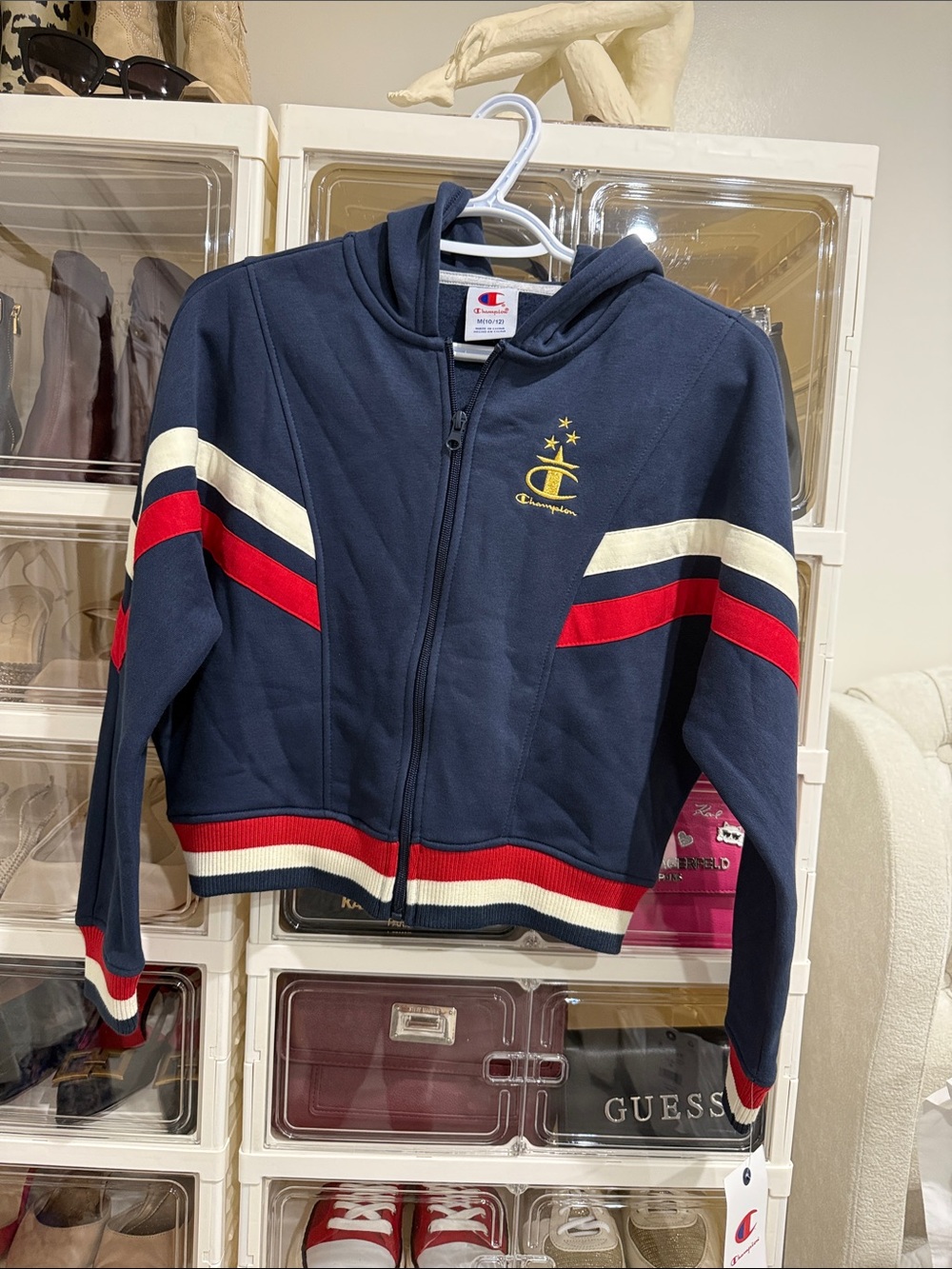 Champion Navy Zip Hoodie with Red & White Stripes and Gold Logo